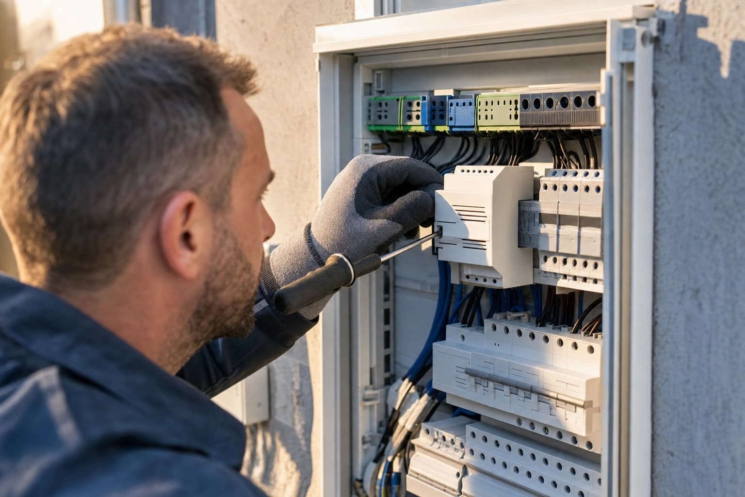 Eine Elektrofachkraft baut ein Last-Management-Modul in einen Schaltschrank ein.