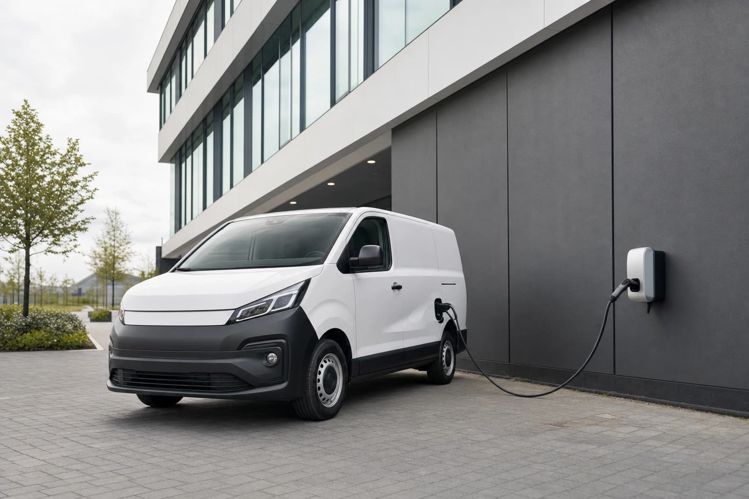 Ein Elektro-Transporter lädt an einer Wandladestation an einer Firmenfassade.