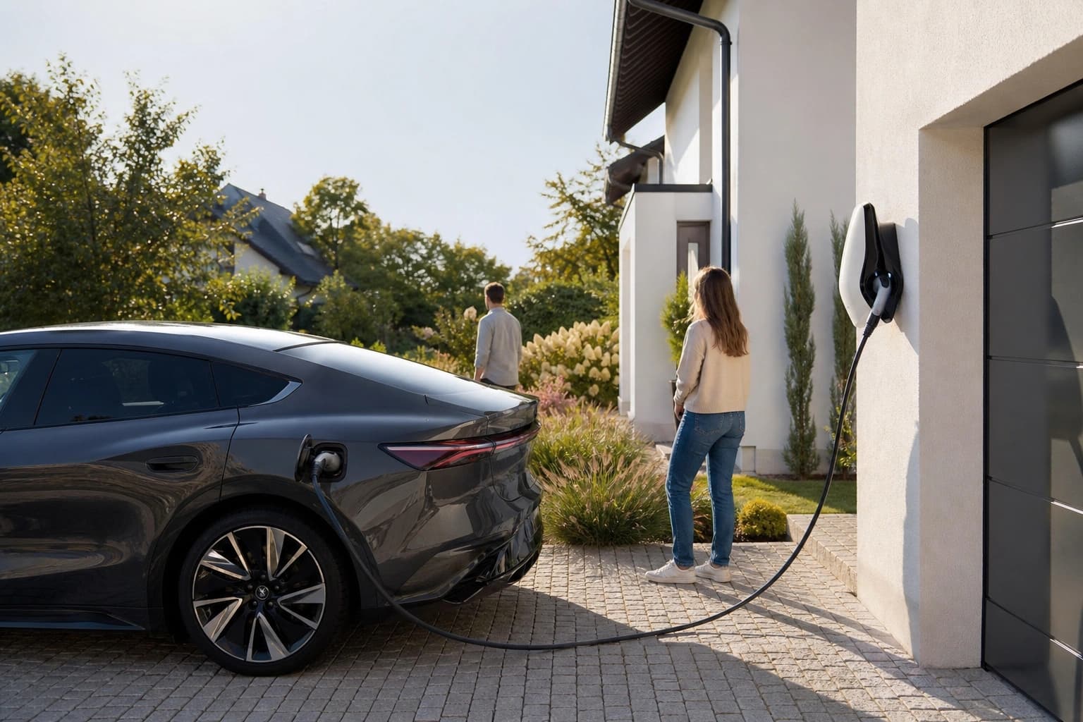Elektroauto an einer Wallbox in einer Einfahrt