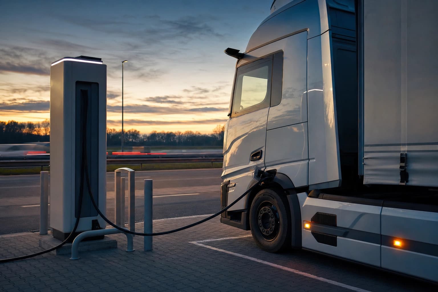 Elektrischer Lkw an einer Schnellladesäule an einer Autobahnraststätte