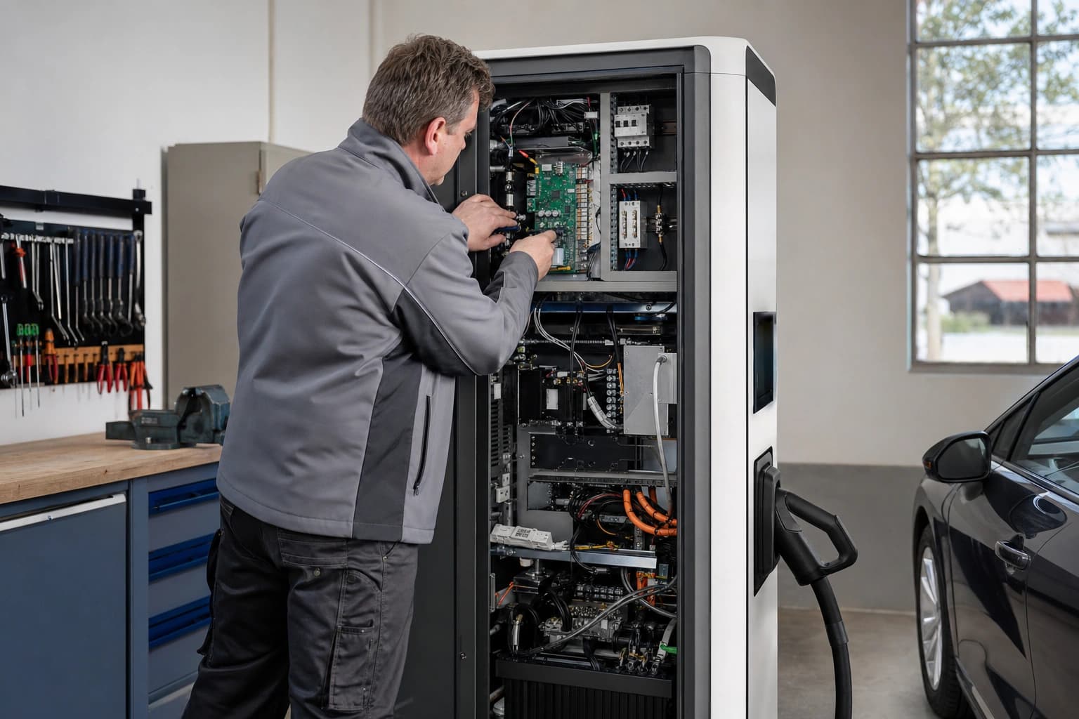 Eine Elektrofachkraft prüft die Messtechnik im Inneren einer Ladesäule.