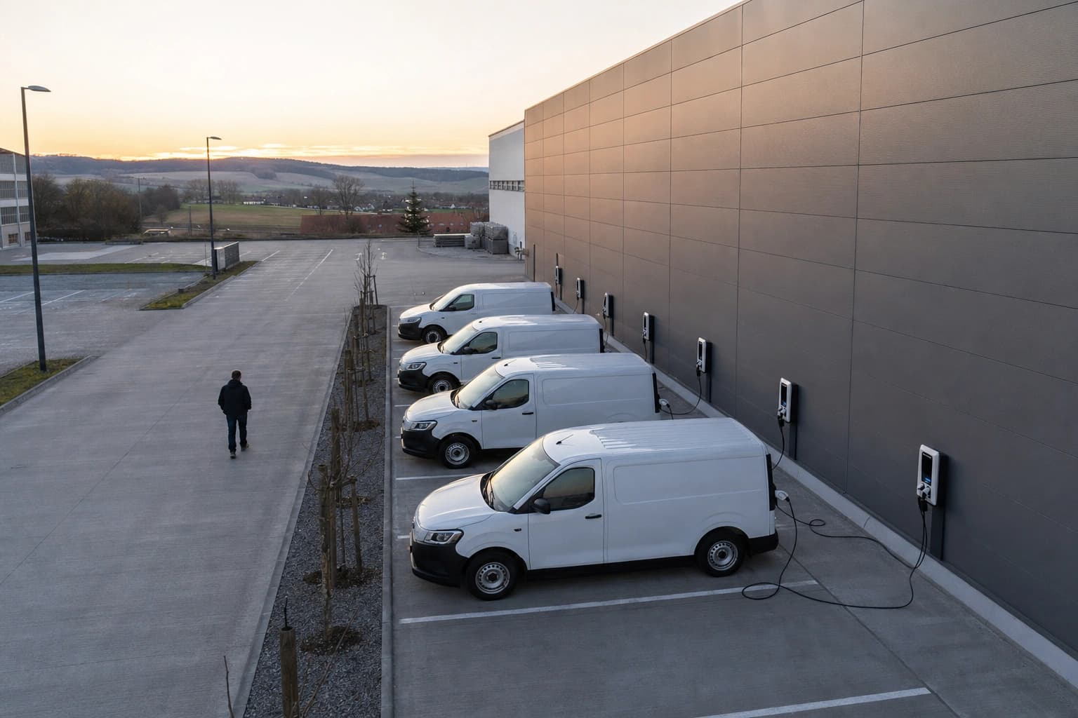 Luftaufnahme eines Logistikdepots am Abend mit mehreren ladenden E-Transportern und Wandladestationen