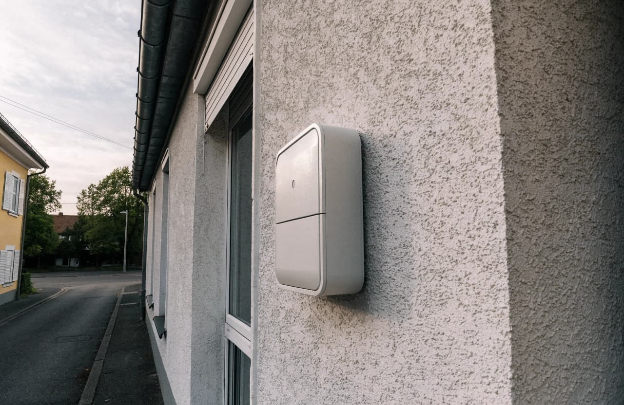 Eine einzelne Wallbox an der Fassade eines Wohnhauses