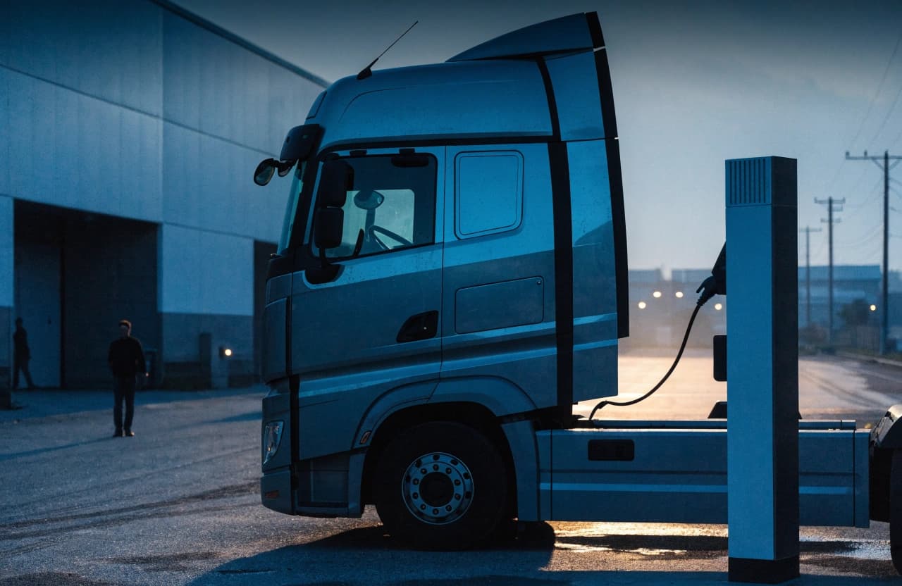 Schwerer Elektro-Lkw an einer Schnellladesäule auf einem Fuhrpark-Gelände