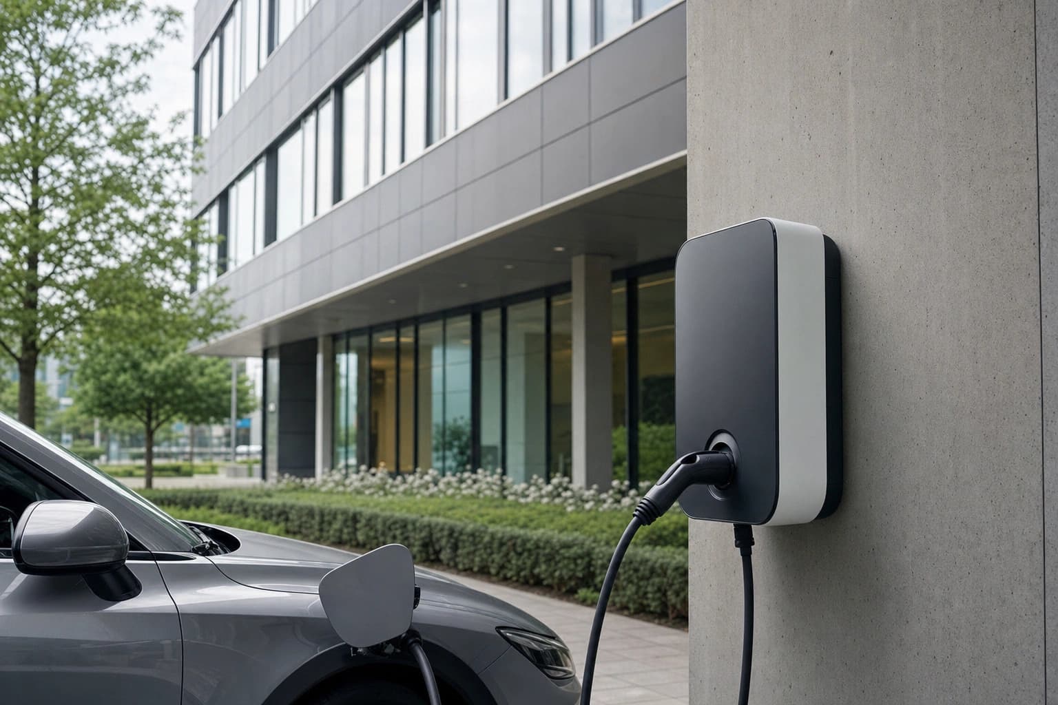 Eine einzelne moderne AC-Wallbox an der Außenwand eines Bürogebäudes.
