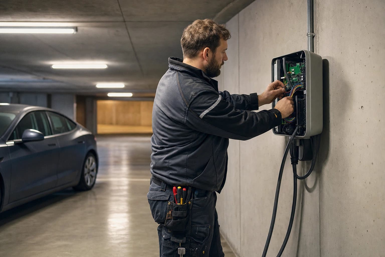 Ein Elektriker verkabelt einen Ladepunktanschluss in einer Tiefgarage.