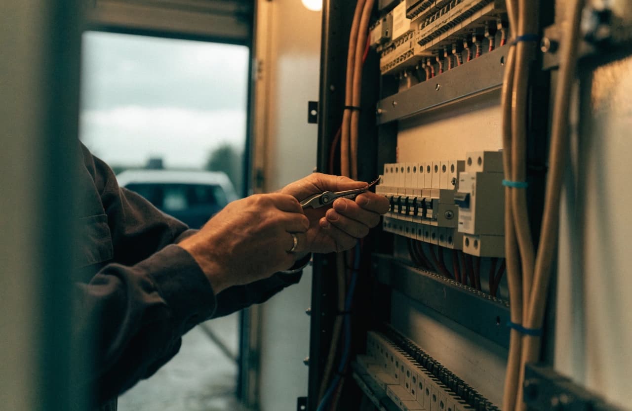 Ein Elektriker verkabelt einen Ladepunkt im Schaltschrank