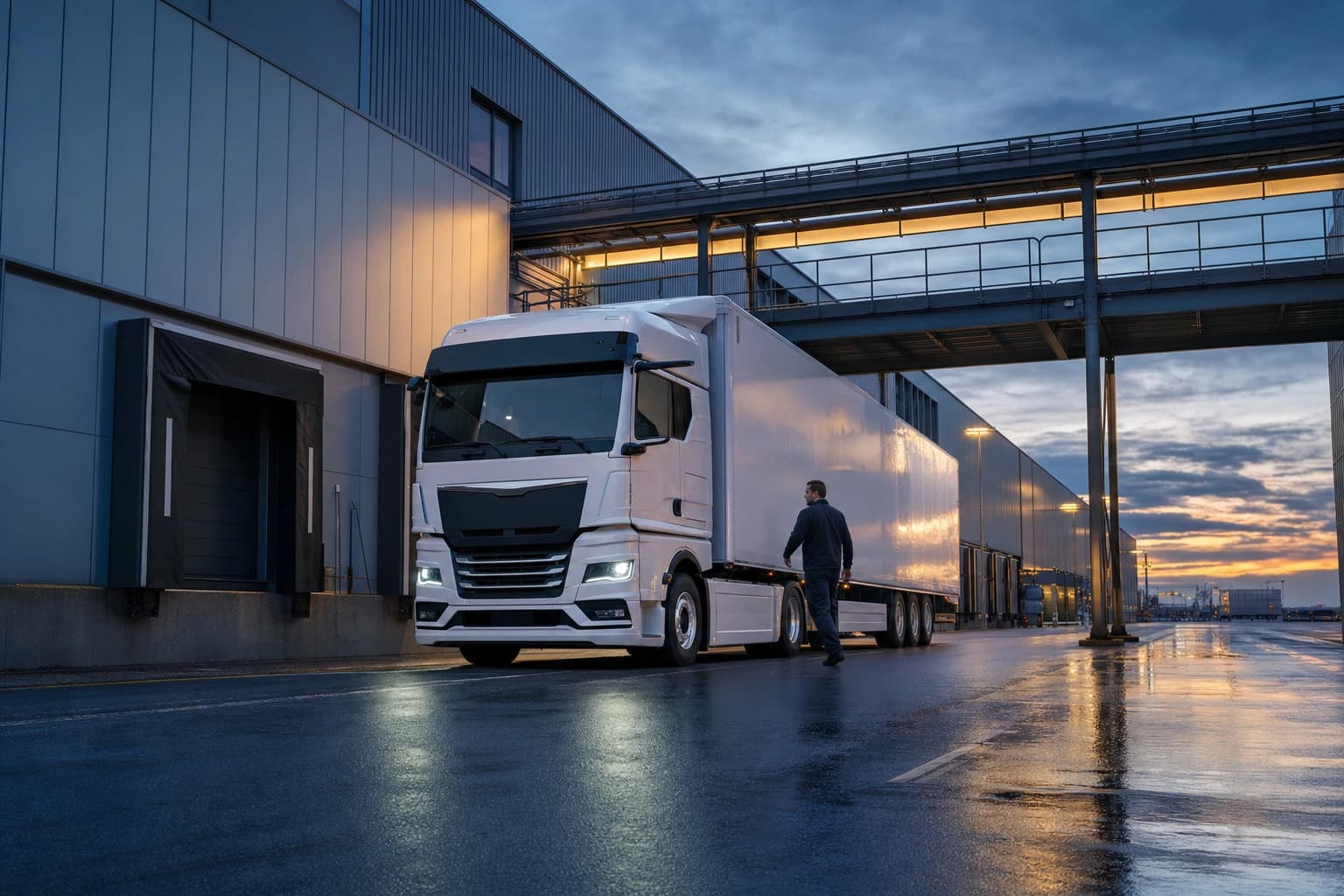 E-Lkw-Flotte der Spedition Stickel auf dem Betriebsgelände in der Abenddämmerung