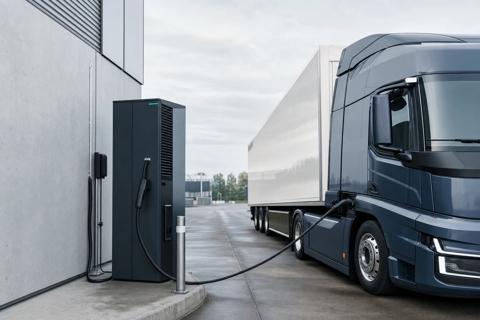 Industrieller DC-Schnelllader an einem Logistikdepot mit angeschlossenem E-Lkw