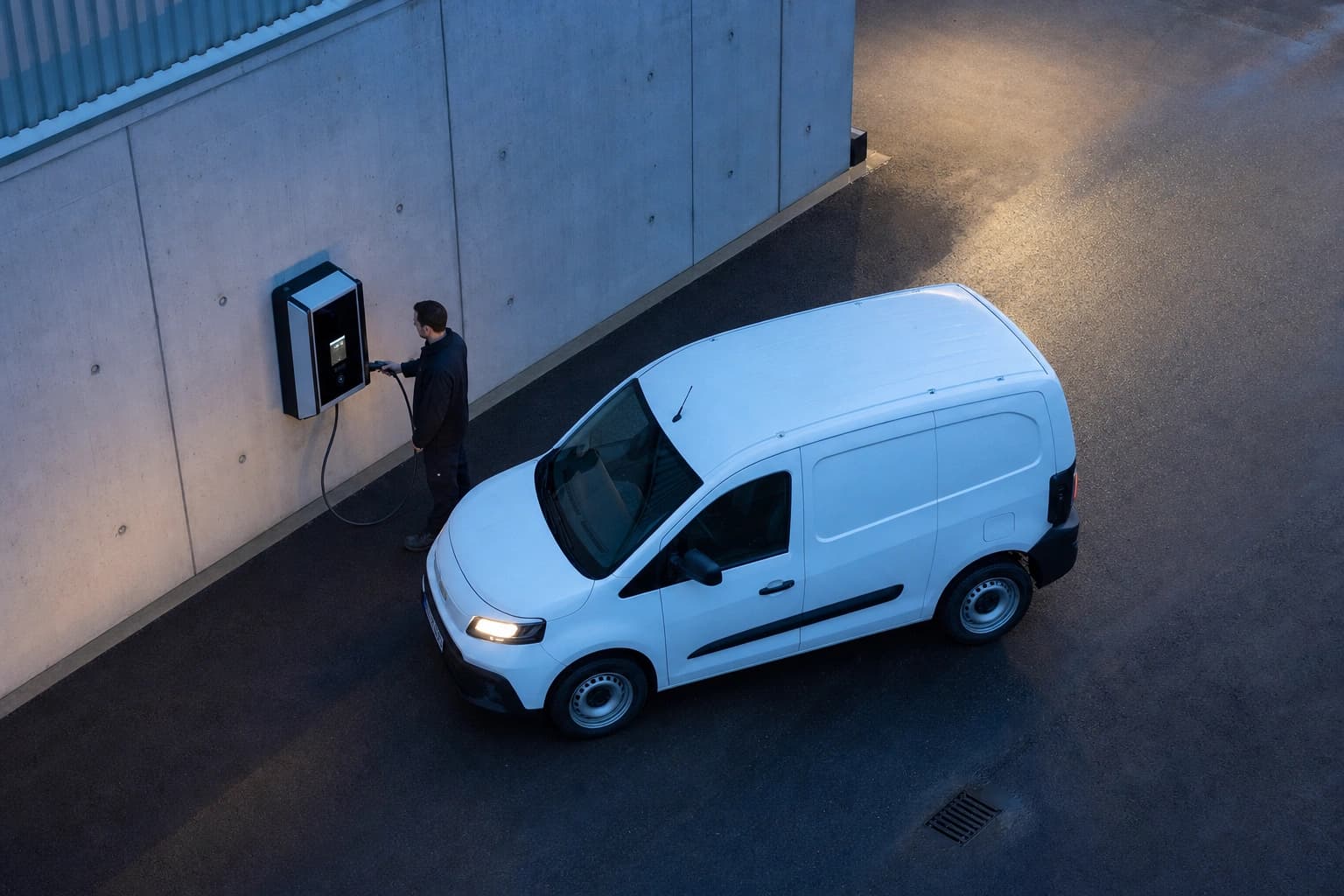 Moderne Ladesäule mit Display an einer Wand an einem Logistikstandort