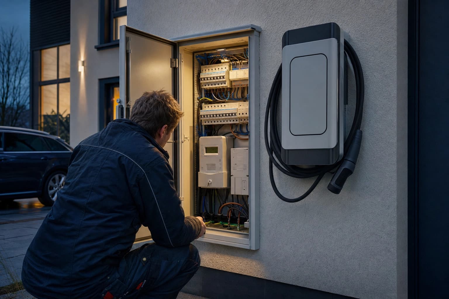 Elektromeister prüft einen offenen Verteilerschrank mit Sicherungen und Smart Meter im Betrieb