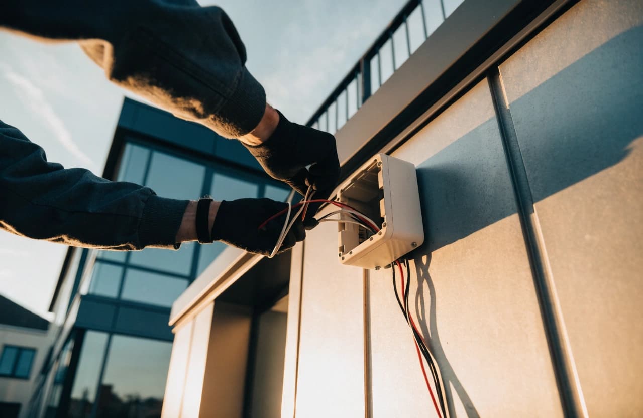Nahaufnahme von Händen eines Elektrikers, der eine Wallbox an einer Außenwand verkabelt.