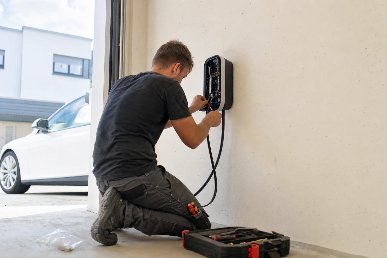 Ein Elektriker verkabelt einen Ladepunkt an einer Hauswand.