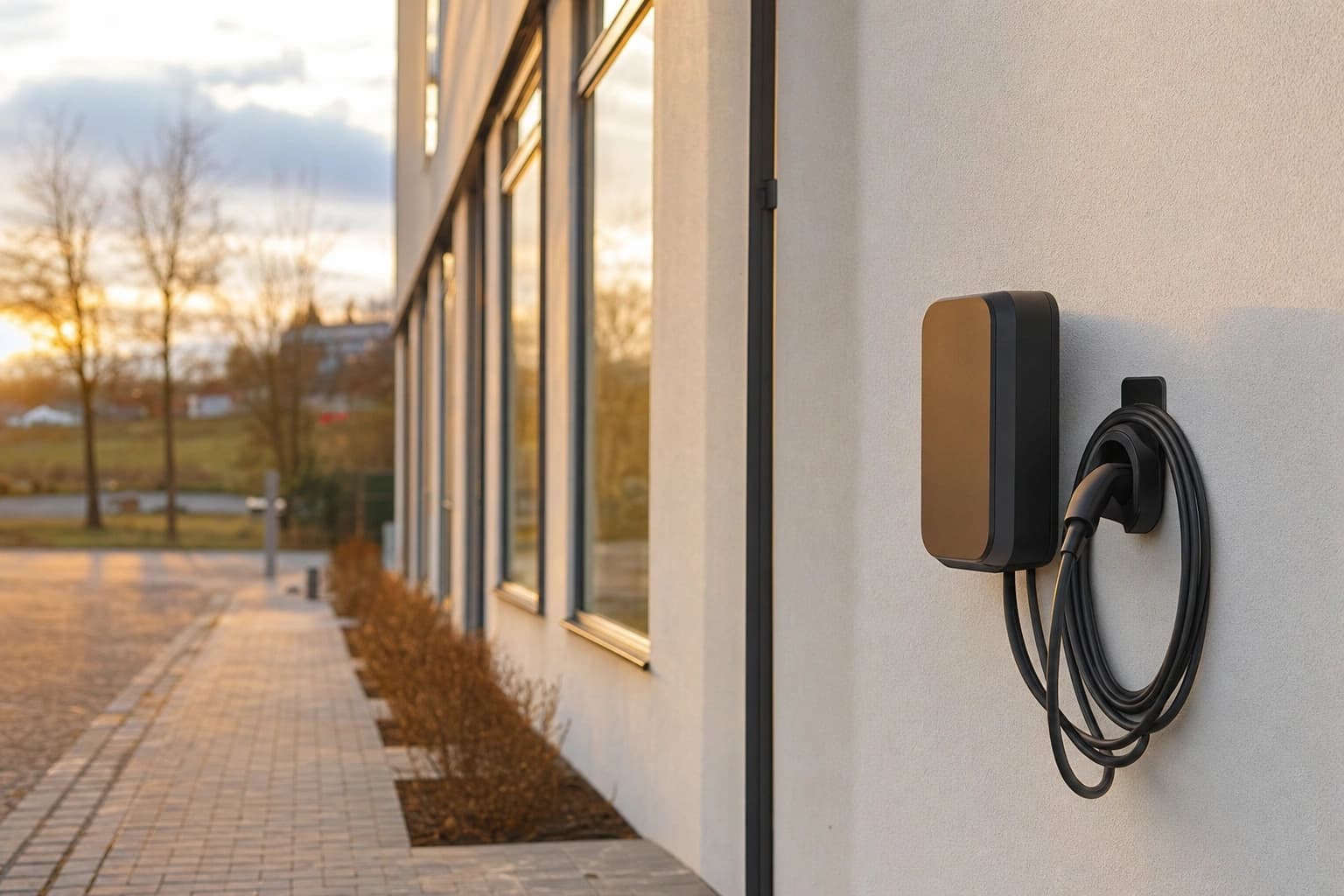 Eine einzelne moderne Wallbox an der Fassade eines Firmengebäudes.