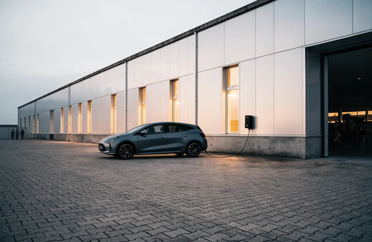 Eine Wallbox an der Außenwand eines Firmengebäudes, ein Elektroauto lädt davor