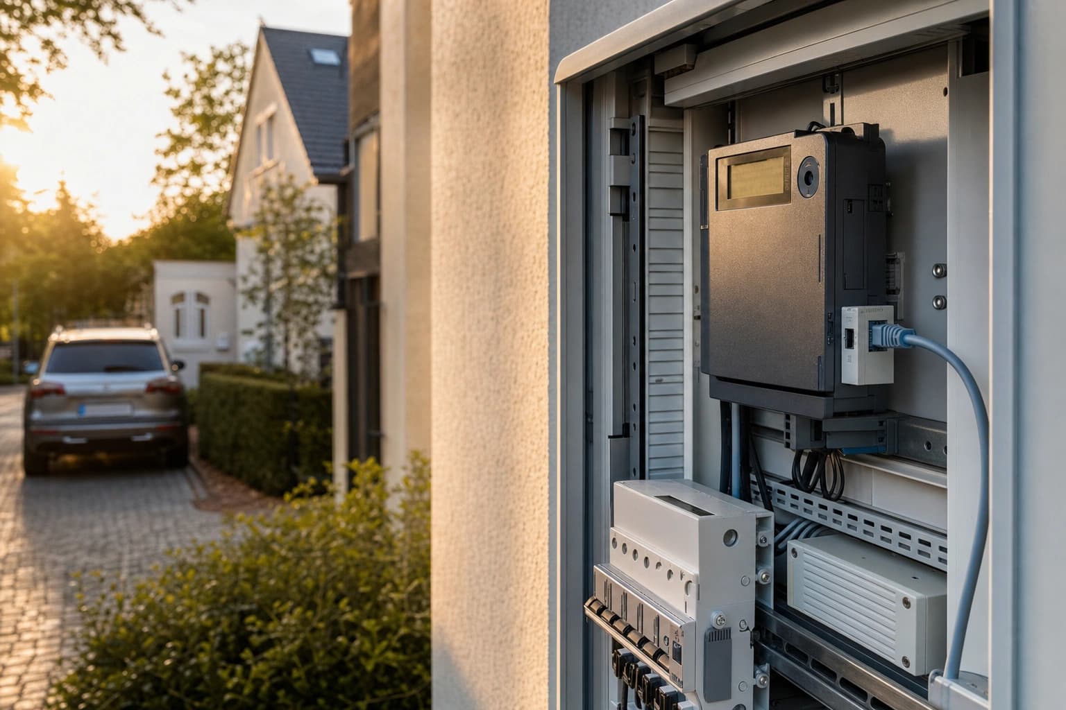 Geöffneter Zählerschrank mit digitalen Komponenten.