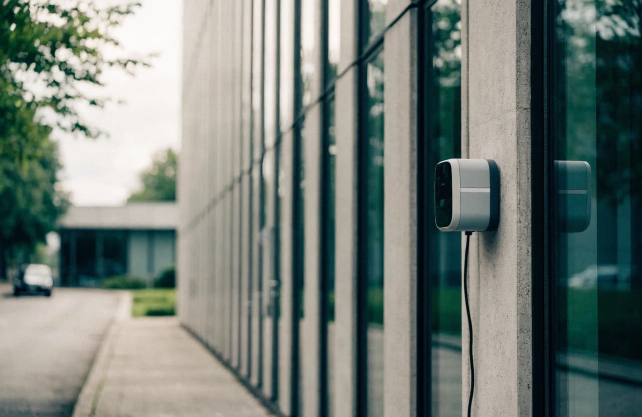 Moderne AC-Wallbox an der Außenwand eines Bürogebäudes