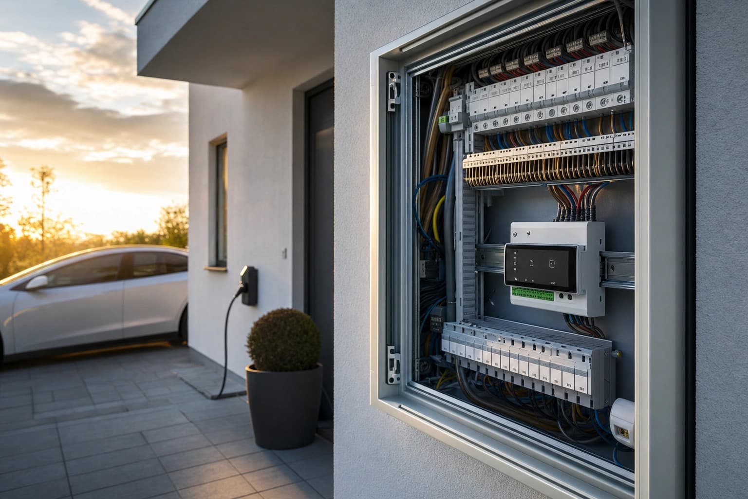 Ein Schaltschrank mit digitalem Lastmanagement-Modul auf Hutschiene.
