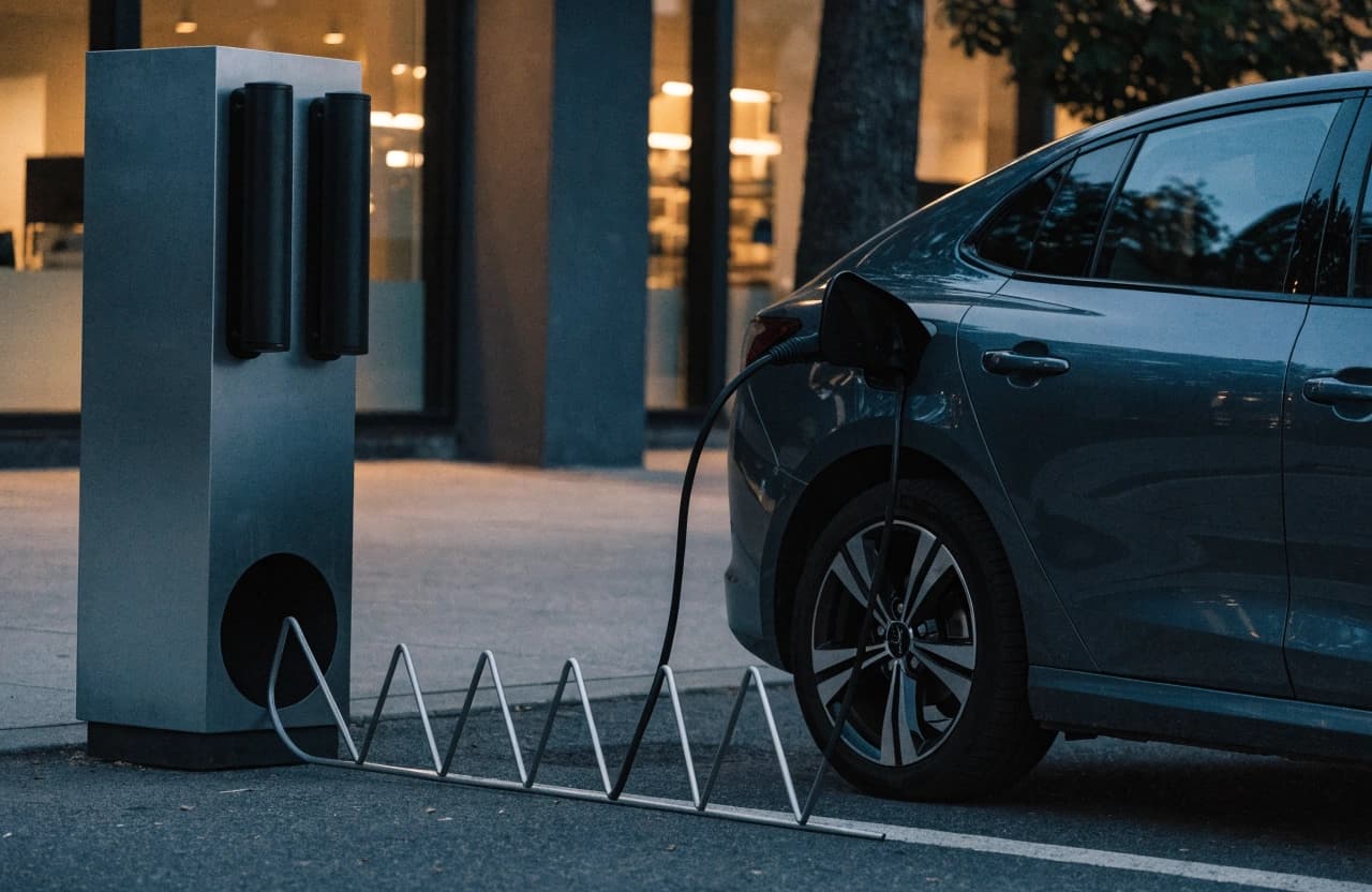Ein Elektroauto lädt an einer HPC-Säule mit Kabelmanagement vor einem Einzelhandelsstandort.