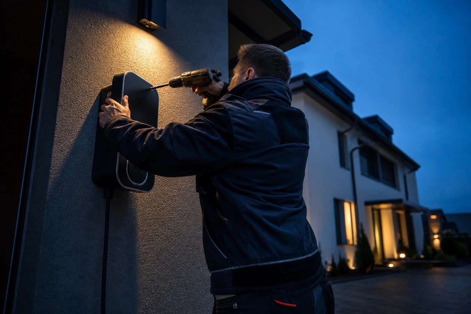 Elektroauto lädt an einer Wallbox in einer Wohnsiedlung