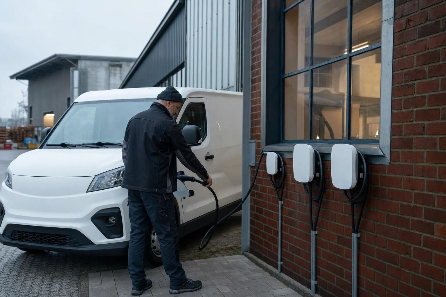 Reihe montierter Wallboxen an der Außenwand eines Handwerksbetriebs mit parkenden E-Transportern