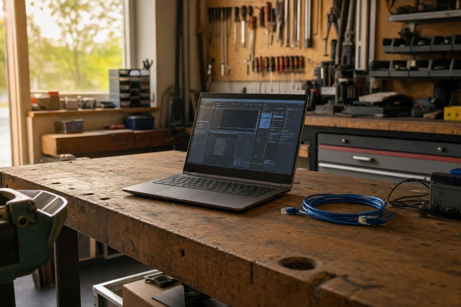 Ein Laptop auf einer Werkbank mit dem EEBUS Handwerkertool.