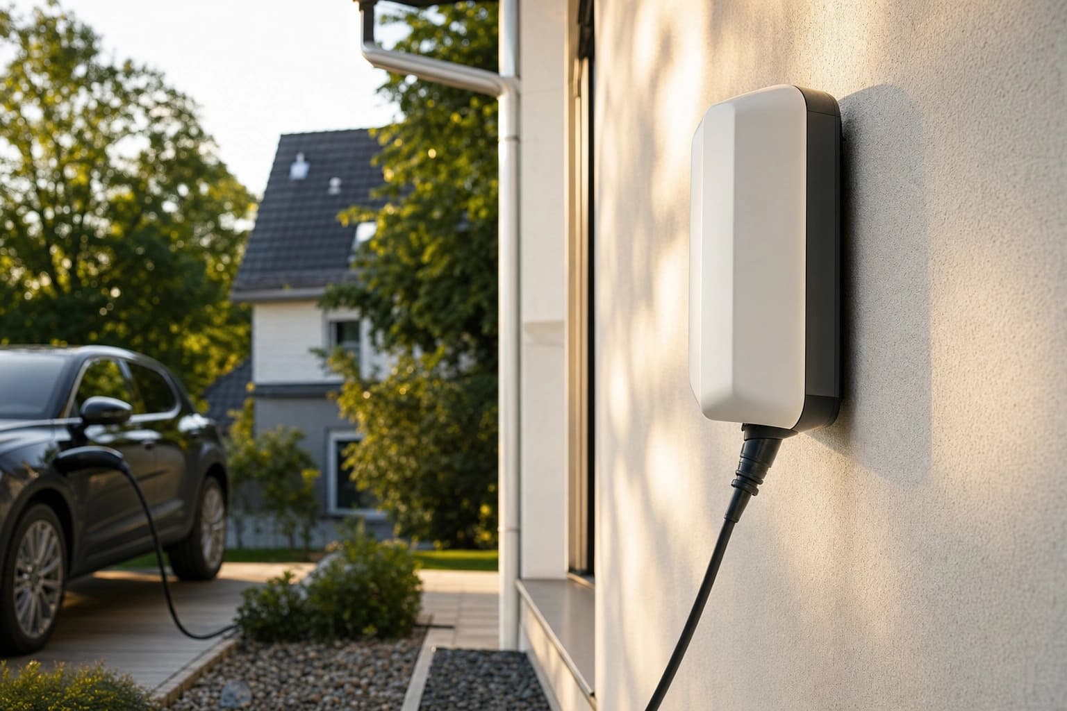 Eine moderne Wallbox an der Außenwand eines Wohnhauses.