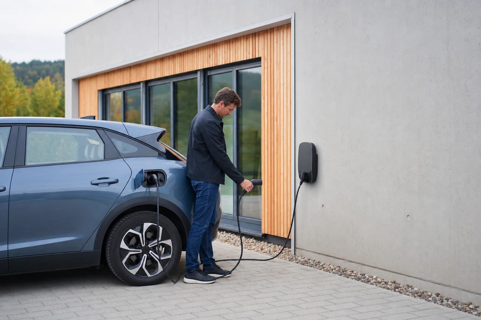 Eine einzelne Wallbox an einer Firmenfassade, an der ein E-Auto lädt.